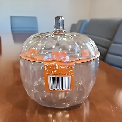 NIP! Anchor Hocking Clear Glass Pumpkin Jar W/Lid Autumn Fall Thanksgiving  • $22.49