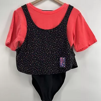 80s Bodysuit Jr Large Neon Pink Confetti CropTop Spandex Dance Leotard Aerobics • $90