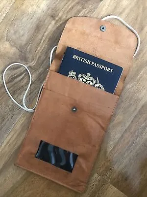 Vintage Tan Genuine Leather Travel Passport Wallet Neck Strap Holder • £7
