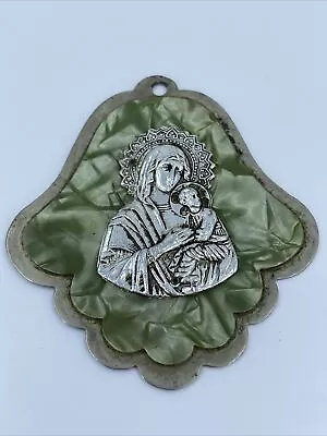 Vintage Medal Pendant Mary Jesus Christian Green Mother Of Pearl Silver Tone • $19.99