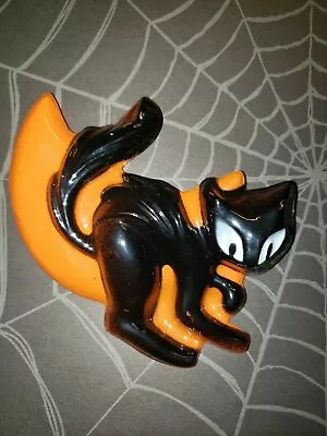 Vintage Halloween Black Cat In Moon Cake Topper Thin Plastic 4  NOS H1 • $8.99