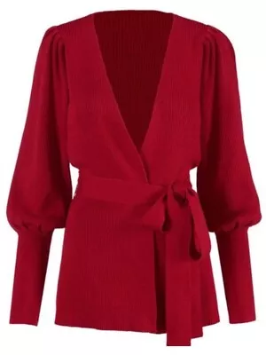 Cabi Cabaret Cardigan Size M Wrap Moulin Rouge Red Ribbed Tie Waist Style 5634 • $22.99