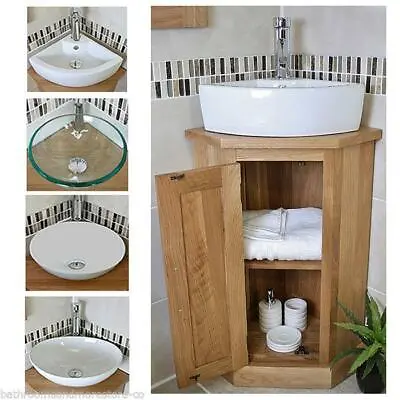 Bathroom Vanity Corner Unit | Oak Sink Cabinet | Ceramic Basin Tap & Plug Option • £285.76