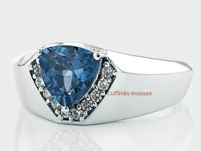 Natural London Blue Topaz & CZ Gemstones 925 Sterling Silver Ring For Men's #444 • $85.50