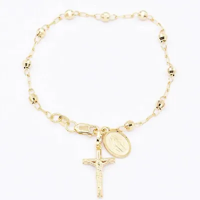 $240.49 • Buy Textured Rosary Cross Virgin Mary Bracelet Real 10K Yellow Gold 7 