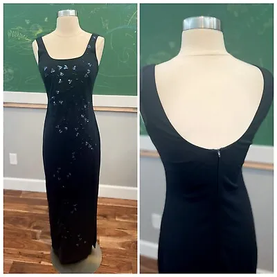 Vintage 90s Gown Maxi Dress Prom Homecoming Women's Size 4 Navy Blue Beaded • $35