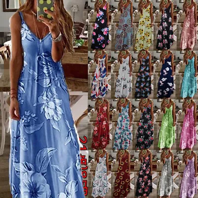 Women's Summer Floral Long Dress Ladies Boho Beach Holiday Maxi Dress Size S-3XL • £10.95