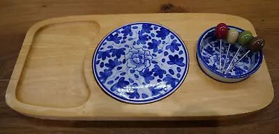 Tray Plate For Olives Cheese Or Nibbles Blue Flower Plate & Bowl 4  Olive Picks • £4