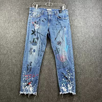 Zara Jeans Women's 6 Blue Painted Boyfrind Raw Hem • $14.99