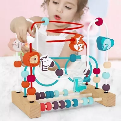 Baby Wooden Mini Circles Bead Wire Maze Roller Coaster Abacus Puzzle Toy Gift • £12.97