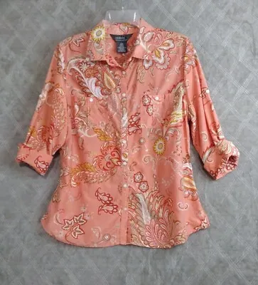 George Me By Mark Eisen Shirt Womens MEDIUM Orange Poppy Silk Blend 3/4 Sleeve  • $16.25