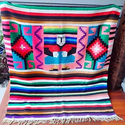 VTG MAYA ZAPOTEC 60s UNUSUAL HAND-WOVEN WOOL BLANKET 56  X 70 . HAS 3 MOTH HOLES • $120.99