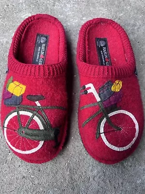 Haflinger Bicycle Embroidered Boiled Wool Slippers Slip On Womens Euro 36 US 5 • $39.99