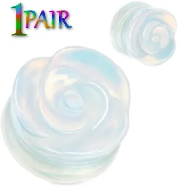 Pair 8g-1  OPALITE FLOWER STONE PLUGS Double Flare Gauges Tunnel 1456 • $9.95
