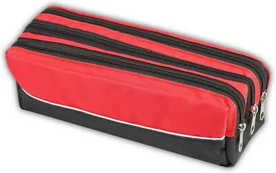 Triple Pocket Pencil Case Zip Large Rectangular Fabric Assorted Colours School  • £7.99