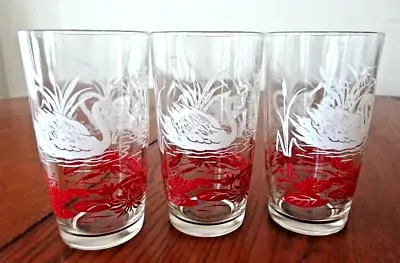 *swans Red & White Decorated (3) 5” 10 Oz Tumblers Jeannette Glass-b102-f • $25