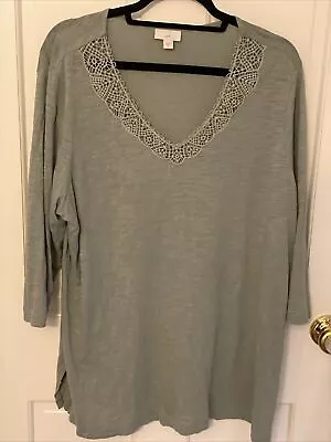 J. Jill Women XL Tunic Knit Top Sage Green Heather 3/4 Sleeve Lace V-Neck • $19.50