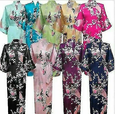 $21.49 • Buy Women Satin Silk Dressing Gown Floral Long Robe Ladies Bathrobe Kimono Nightwear