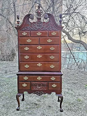 Vintage Ornate Wood Carved Mahogany Highboy Chippendale Chest On Chest Dresser • $899.99