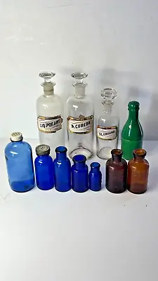 $49 • Buy Lot Of Antique Apothecary Jars & Cobalt Medicine Bottles  Glass French Champagne