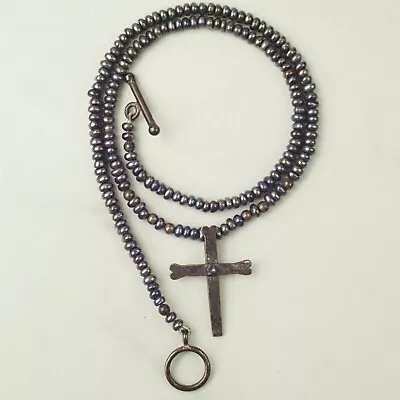 Mignon Faget Sterling Silver Hammered Cross Black Seed Pearl Necklace • $124.99