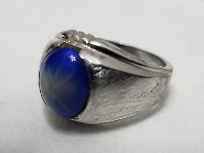 Vintage 18KT White Gold HGE Blue Sapphire Glass Ring HMS Men's Size 10 Stunning • $19.99