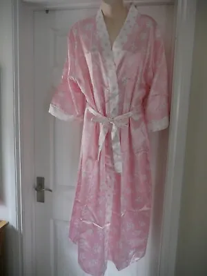 Designer Dressing Gown Long Pink Spot Floral Satin Robe Waites Size M UK 12/14 • £15