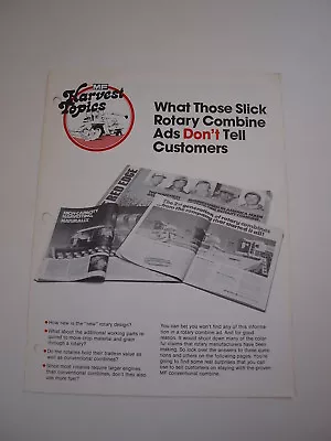 Massey-Ferguson MF Harvest Topic Brochure  Rotary Vs. Conventional  4pg MINT '80 • $14.99