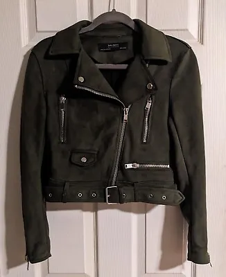 Zara Olive Green Moto Jacket XS Faux Suede Chic Y2K Spring  • $49.99