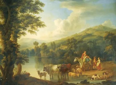 Oil Jakob-Philipp-Hackert-A-Wooded-River-Landscape-with-a-Woman-on-a-grey-horse- • $156.03