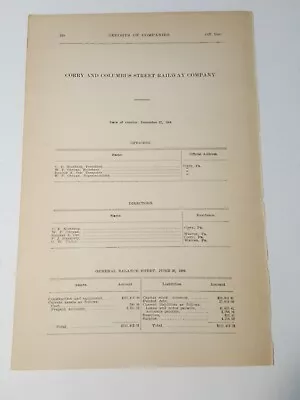 1909 RR Document CORRY & COLUMBUS STREET RAILWAY Trolley Streetcar CORRY PA  • £6.71