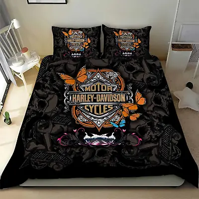Harley-Davidson Butterfly And Motorcycles Logo Bedding Duvet Covers Set (4pcs) • $69.99