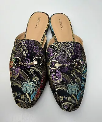 Merona Satin Paisley Floral Slip-On Mules Gold Buckle Women's 9.5 • $14