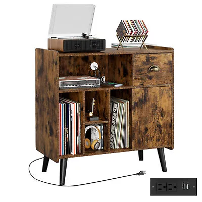 Large Record Player Stand Vinyl Record Storage Cabinet Table W/Power Outlet Legs • $150.99