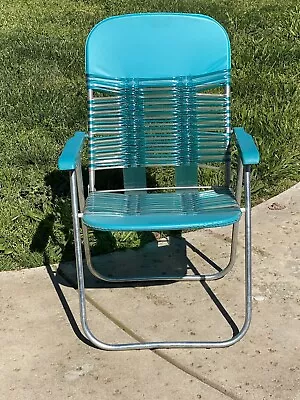 Vintage Teal Blue Aqua Vinyl Jelly Tube Plastic Aluminum Folding Lawn Chair • $39.99