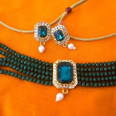 $25 • Buy Emerald Green  Kundan Pearl Gemstone Choker With Earrings Indian Jewellery