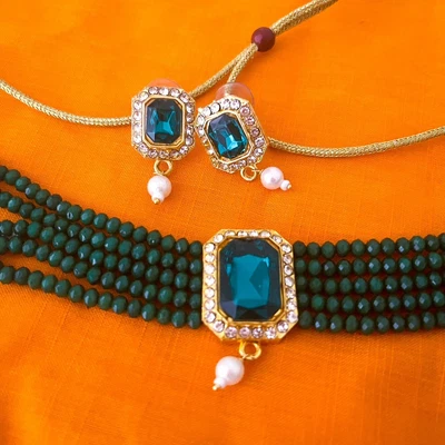 $25 • Buy Emerald Green  Kundan Pearl Gemstone Choker With Earrings Indian Jewellery