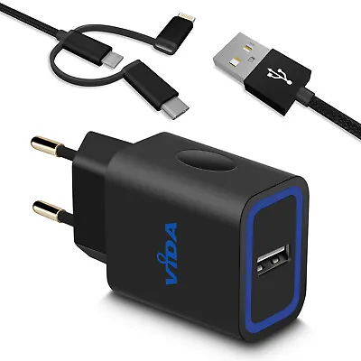 Fast Charging 12W European Plug Mains Smart USB Charger Power Adapter Free Cable • £11.69