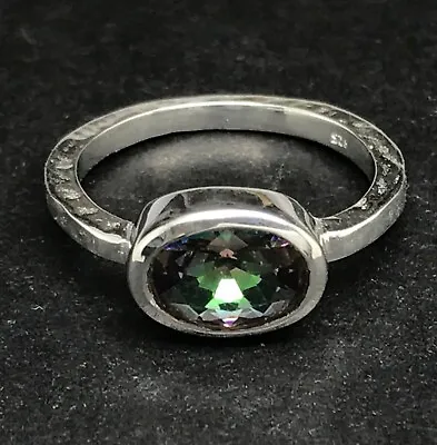 Mystic Topaz Ring Solid Sterling Silver Hammered Oval Solitaire. New. • £23.99