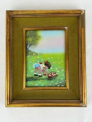 Dominic Mingolla Enamel On Copper Painting Young Girl Gathering Flowers Framed • $74.95