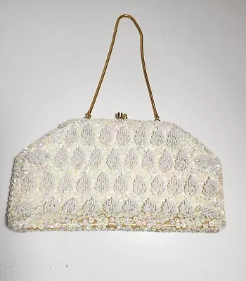 Vintage White Beaded Handbag Cream Color Sequin Iridescent Vtg Gold Purse Clutch • $19.99