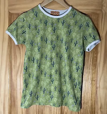 Run & Fly Made In England Cactus Print Plant T Shirt Short Sleeve Size S Green • £11.95