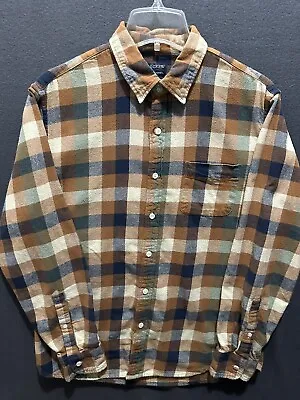 J Crew Flannel Long Sleeve Shirt Men’s Large Casual Brown Tan Plaid Button Up • $12