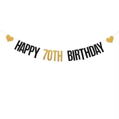 DONGLYJL Black And Gold Glitter Happy 70th Birthday Banner For 70 Years Old 7... • $16.60