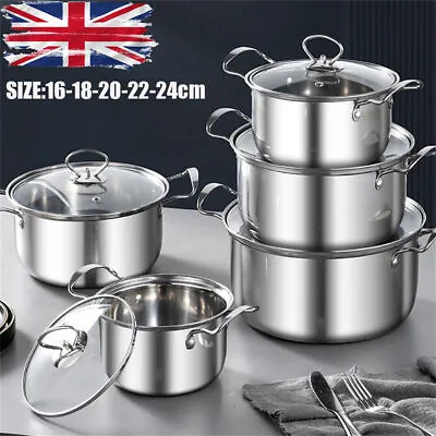 5Pcs/Set Stainless Steel Cookware Set Casserole Stockpot Pot Hob With Glass Lids • £23.98