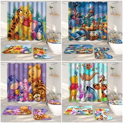 Winnie The Pooh 4pc Set 3pc Bath Mat Toilet Lid Cover Set 180cm Shower Curtain • $26.88