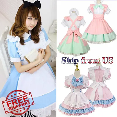 Anime Cute Maid Outfit Lace Trim Apron Lolita Dress Uniform Costume Cosplay Set • $24.99