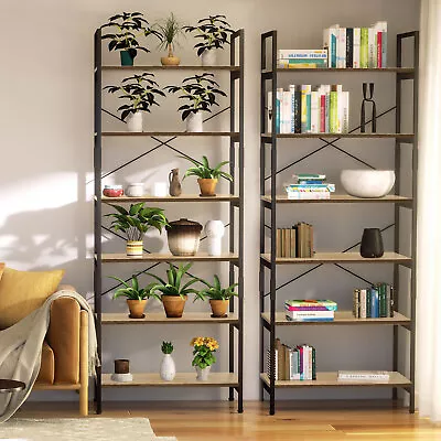 6 Tier Ladder Shelf Industrial Bookshelf Wood Metal Bookcase Plant Stand Rack • $60.99