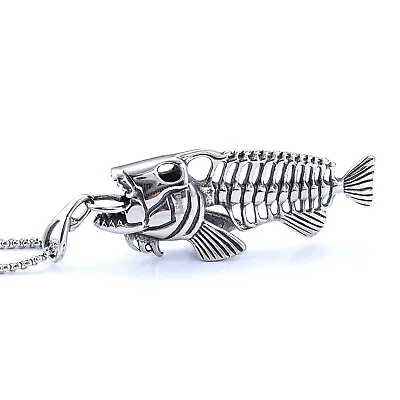 MOYON Mens Fishing Fish Bone Skeleton Hook Necklace Pendant Stainless Steel Men • $7.99