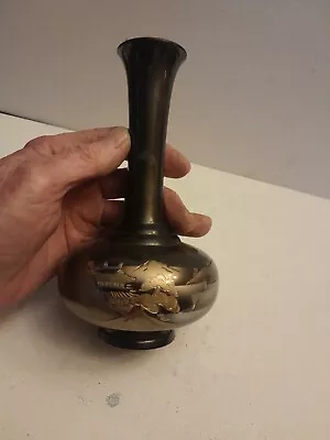 Vintage Japanese 6.5  Bronze Gourd Vase - Pagoda Mountains Mixed Metal • $15